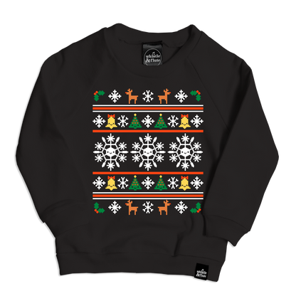 A black sweatshirt with a colorful Nordic-style Christmas pattern including snowflakes and reindeer.
