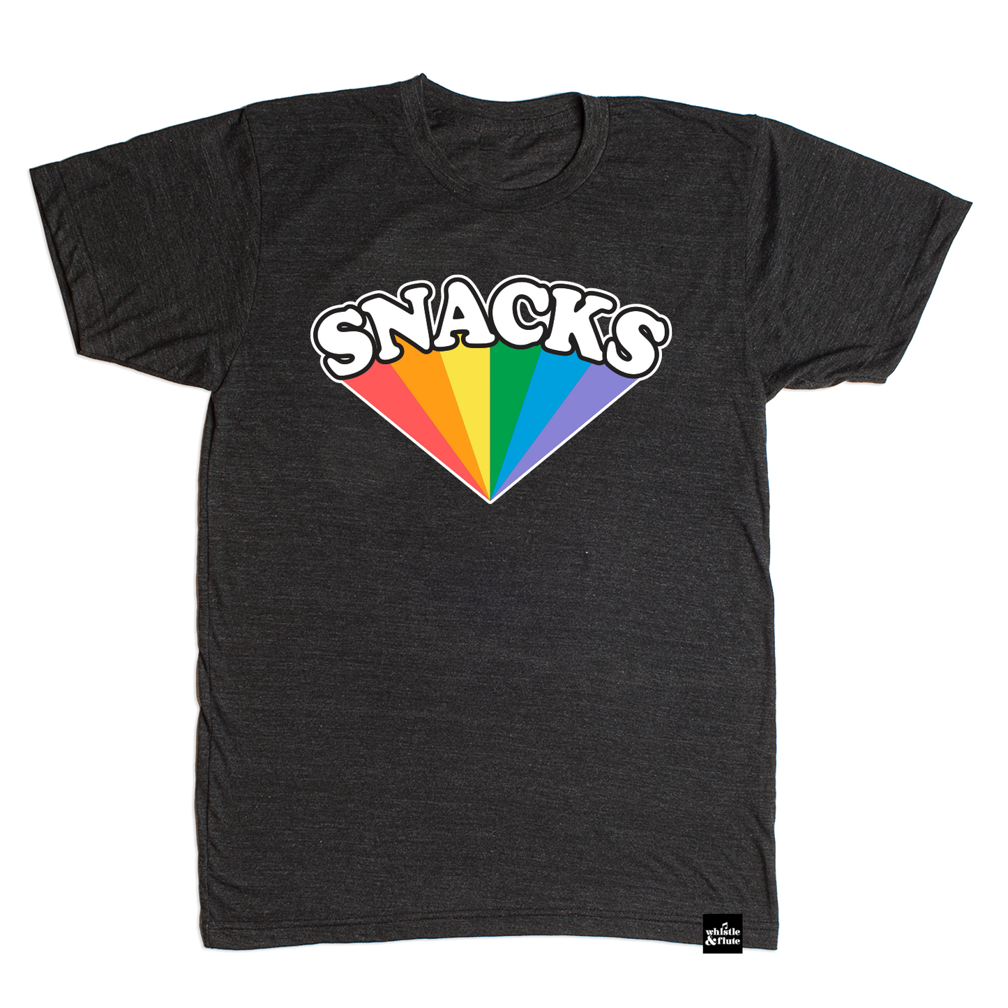 SNACKS Rainbow design printed on organic charcoal heather grey t-shirt. Gender Neutral and available in kids and adult sizes.