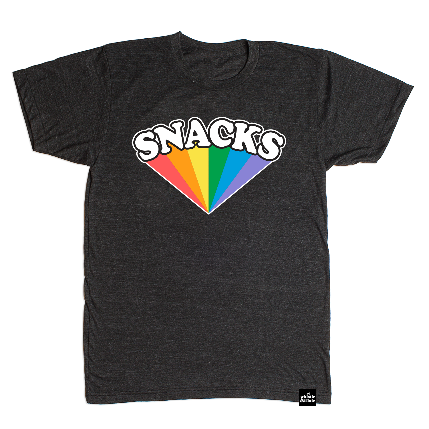 SNACKS Rainbow design printed on organic charcoal heather grey t-shirt. Gender Neutral and available in kids and adult sizes.