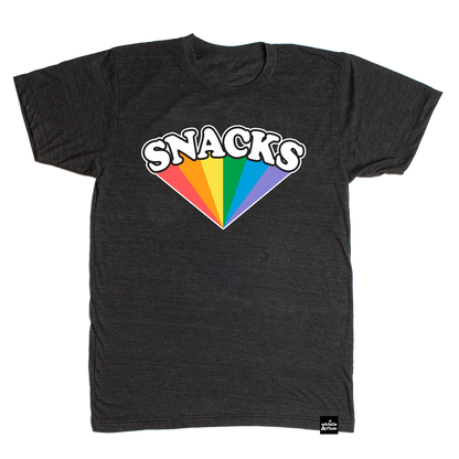 SNACKS Rainbow design printed on organic charcoal heather grey t-shirt. Gender Neutral and available in kids and adult sizes.