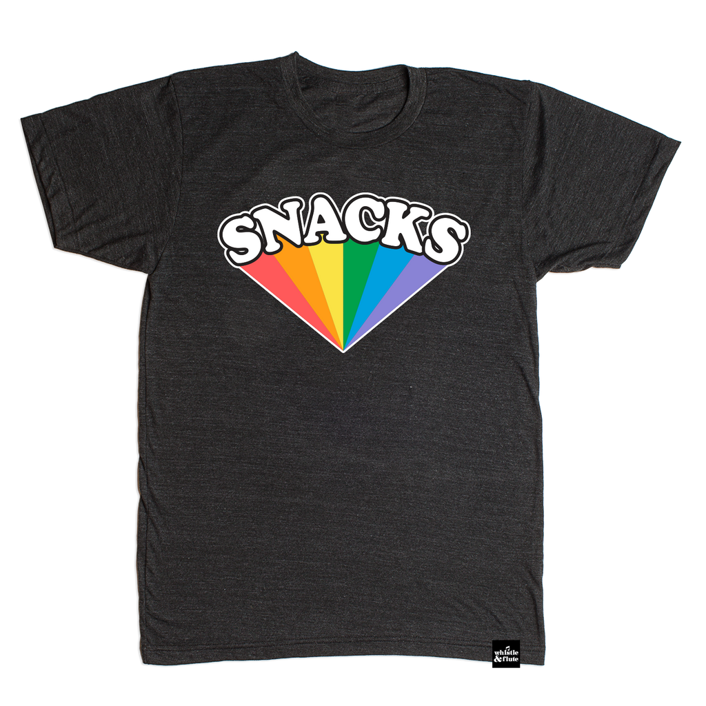 SNACKS Rainbow design printed on organic charcoal heather grey t-shirt. Gender Neutral and available in kids and adult sizes.