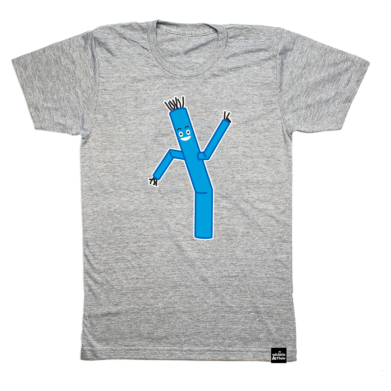 Hilarious Blue Tube Guy design screen printed on organic athletic grey t-shirts. Gender Neutral and available in kids and adult sizes. Designed in Canada