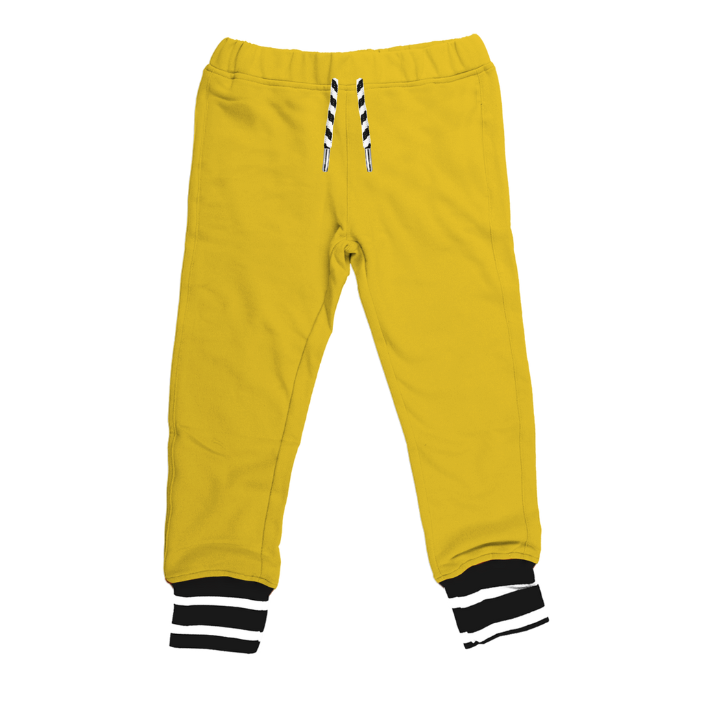 BEST bamboo joggers in mustard combine the popular features of our two classic jogger styles. Elastic waistband with drawstring, pockets and black and white stripped cuffs. Gender Neutral and designed in Canada.