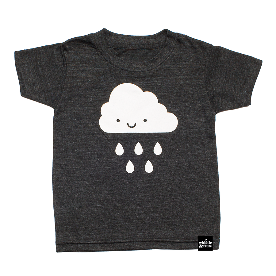 White Kawaii Raincloud design screen printed on an organic charcoal heather grey t-shirt. Available in kids and adult sizes. Gender Neutral and ethically made. Designed in Canada.