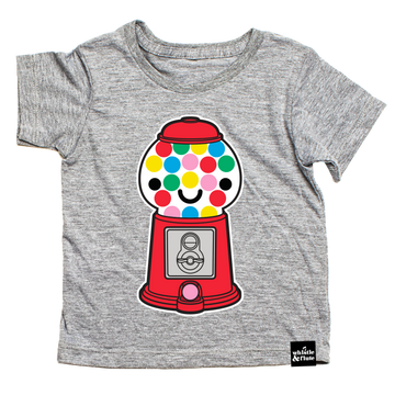 Gender Neutral Kawaii Gumball Machine design screen printed in full colour on an organic athletic grey t-shirt. Designed in Canada. Ethically Made
