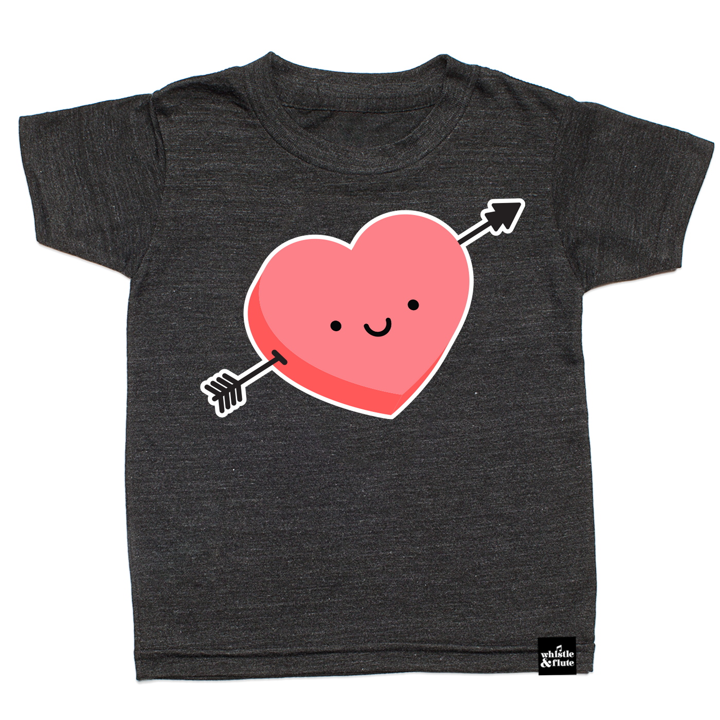 Pink Kawaii Arrow Heart is printed on organic charcoal heather grey t-shirt. Gender Neutral and unisex sizing. Designed in Canada