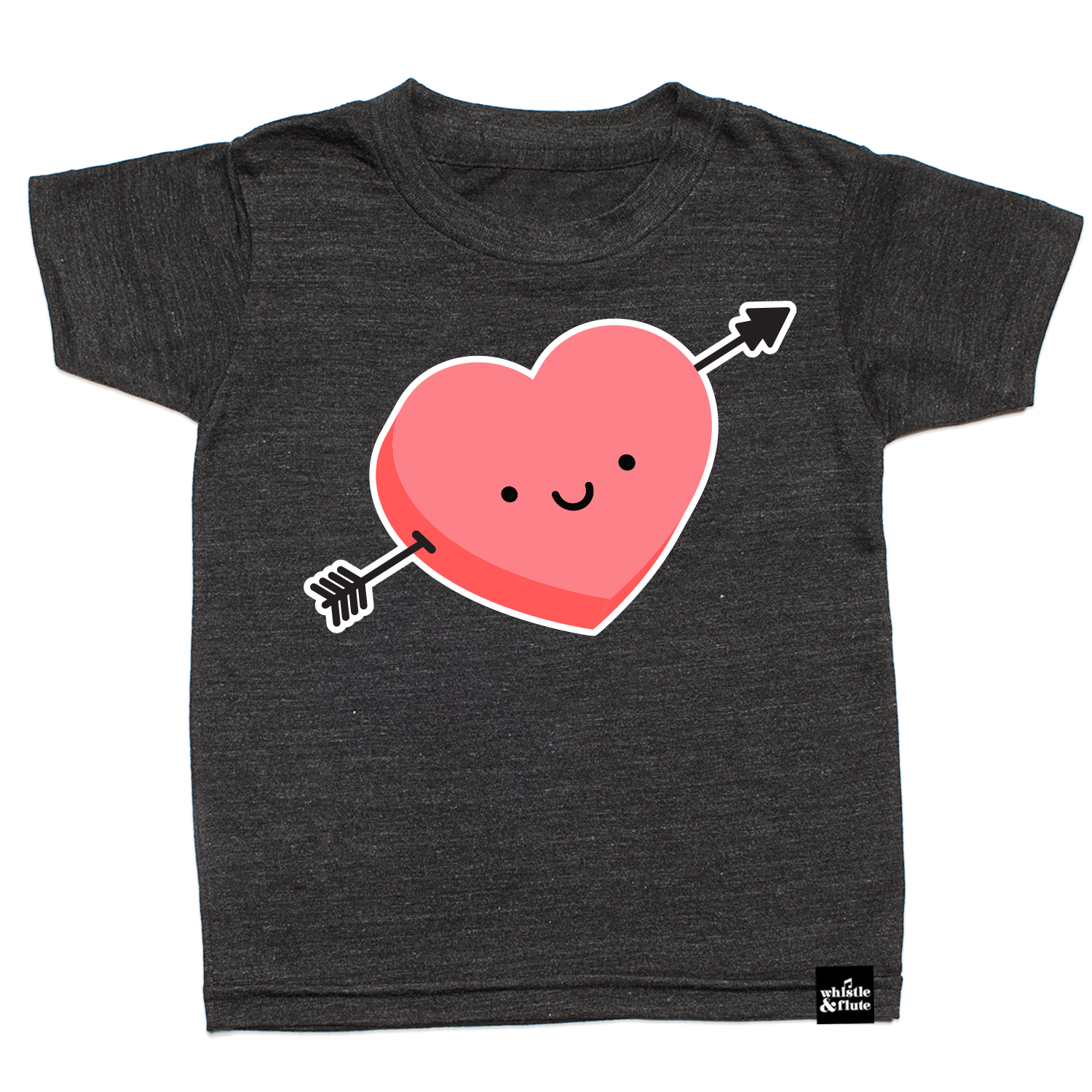 Pink Kawaii Arrow Heart is printed on organic charcoal heather grey t-shirt. Gender Neutral and unisex sizing. Designed in Canada
