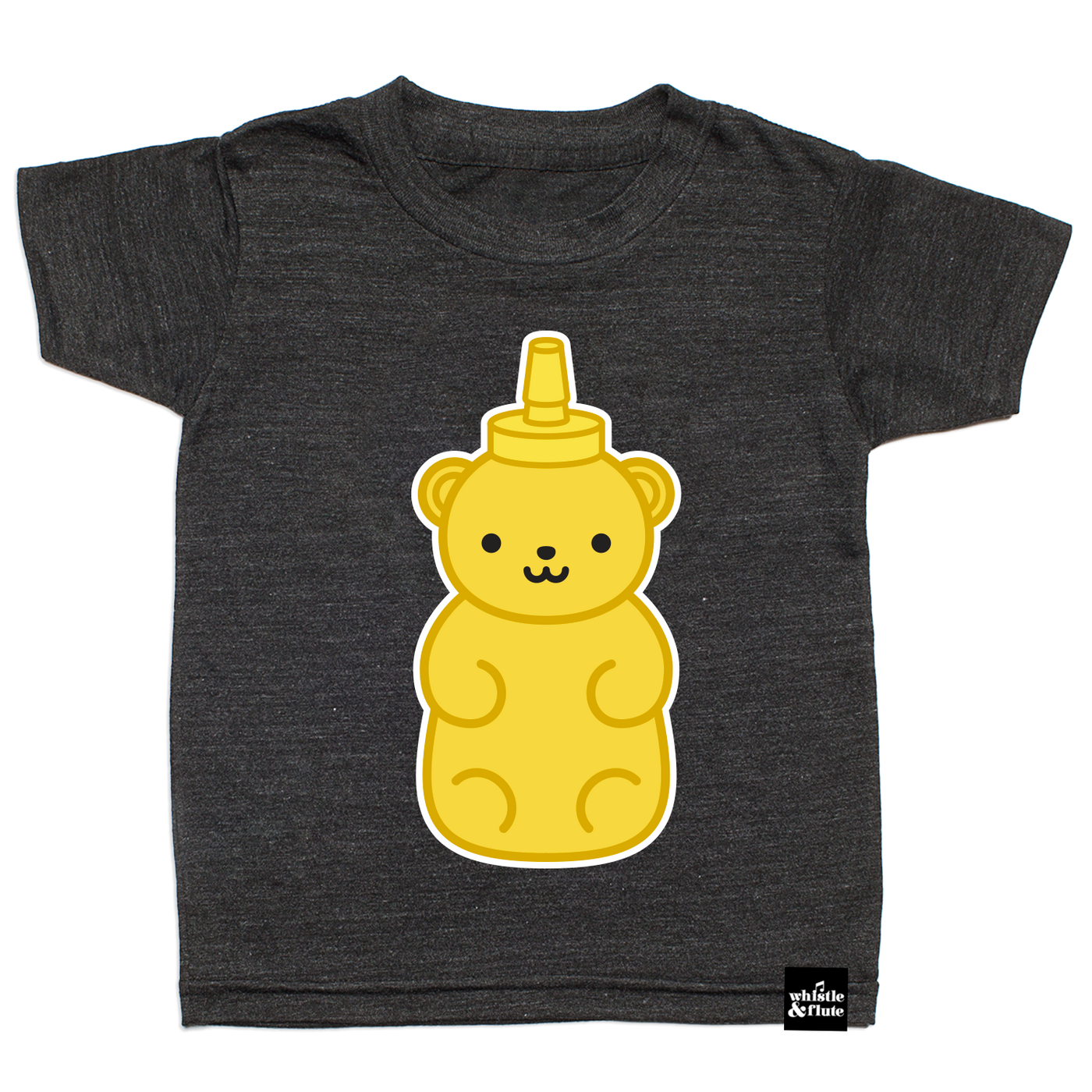Gender Neutral Kawaii Honey Bear design screen printed in full colour on an organic charcoal heather grey t-shirt. Designed in Canada. Ethically Made. Available in kids and adult sizes.