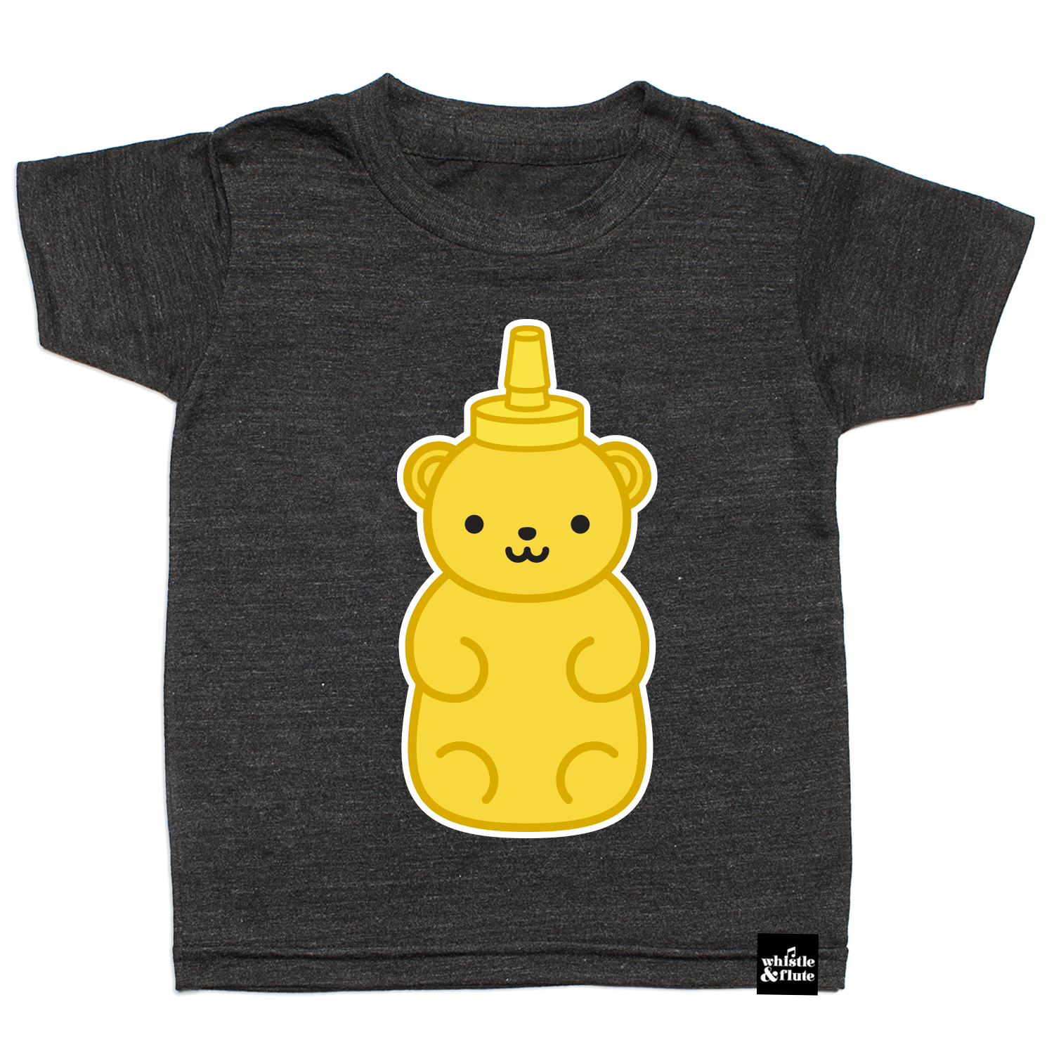 Gender Neutral Kawaii Honey Bear design screen printed in full colour on an organic charcoal heather grey t-shirt. Designed in Canada. Ethically Made. Available in kids and adult sizes.