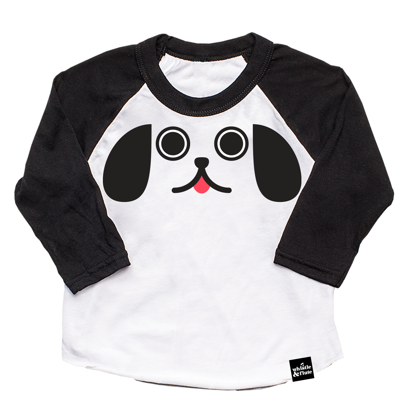 Kawaii Puppy Dog Eyes face printed in black with pink tongue on 100% organic cotton two-tone black and white baseball t-shirt. Gender Neutral and available in kids and adult sizes. Designed in Canada. 