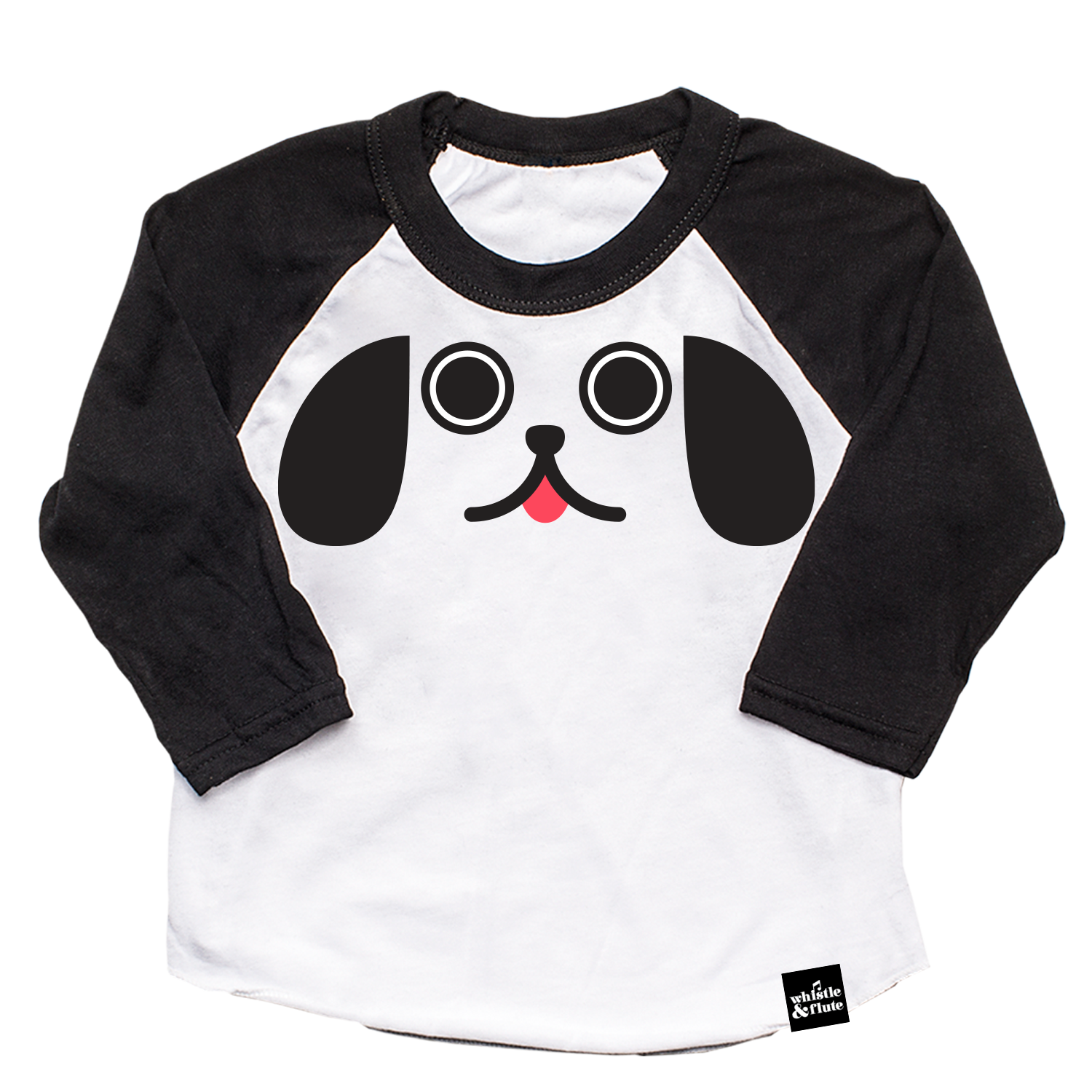 Kawaii Puppy Dog Eyes face printed in black with pink tongue on 100% organic cotton two-tone black and white baseball t-shirt. Gender Neutral and available in kids and adult sizes. Designed in Canada. 