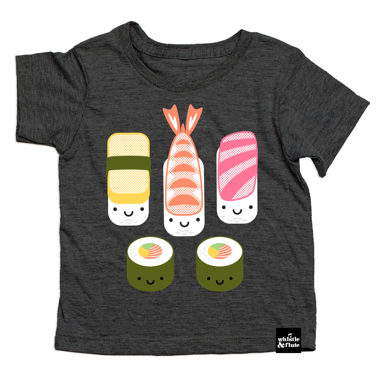 Kawaii Sushi design is printed in colour on organic charcoal heather grey t-shirt. Gender Neutral and available in kids and adult sizes. Designed in the Pacific Northwest of BC, Canada.