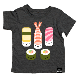 Kawaii Sushi design is printed in colour on organic charcoal heather grey t-shirt. Gender Neutral and available in kids and adult sizes. Designed in the Pacific Northwest of BC, Canada.