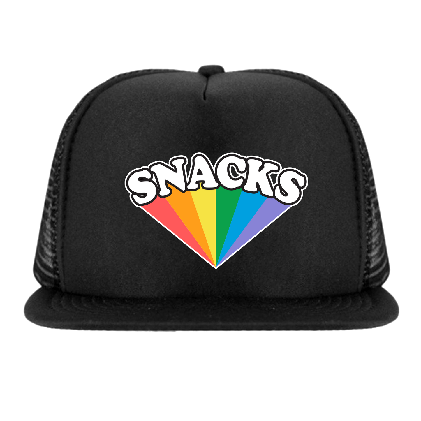 SNACKS Rainbow design screen printed in full colour onto a black flat brim snap back cap. Available in two sizes. Matching kids and adult t-shirts available.