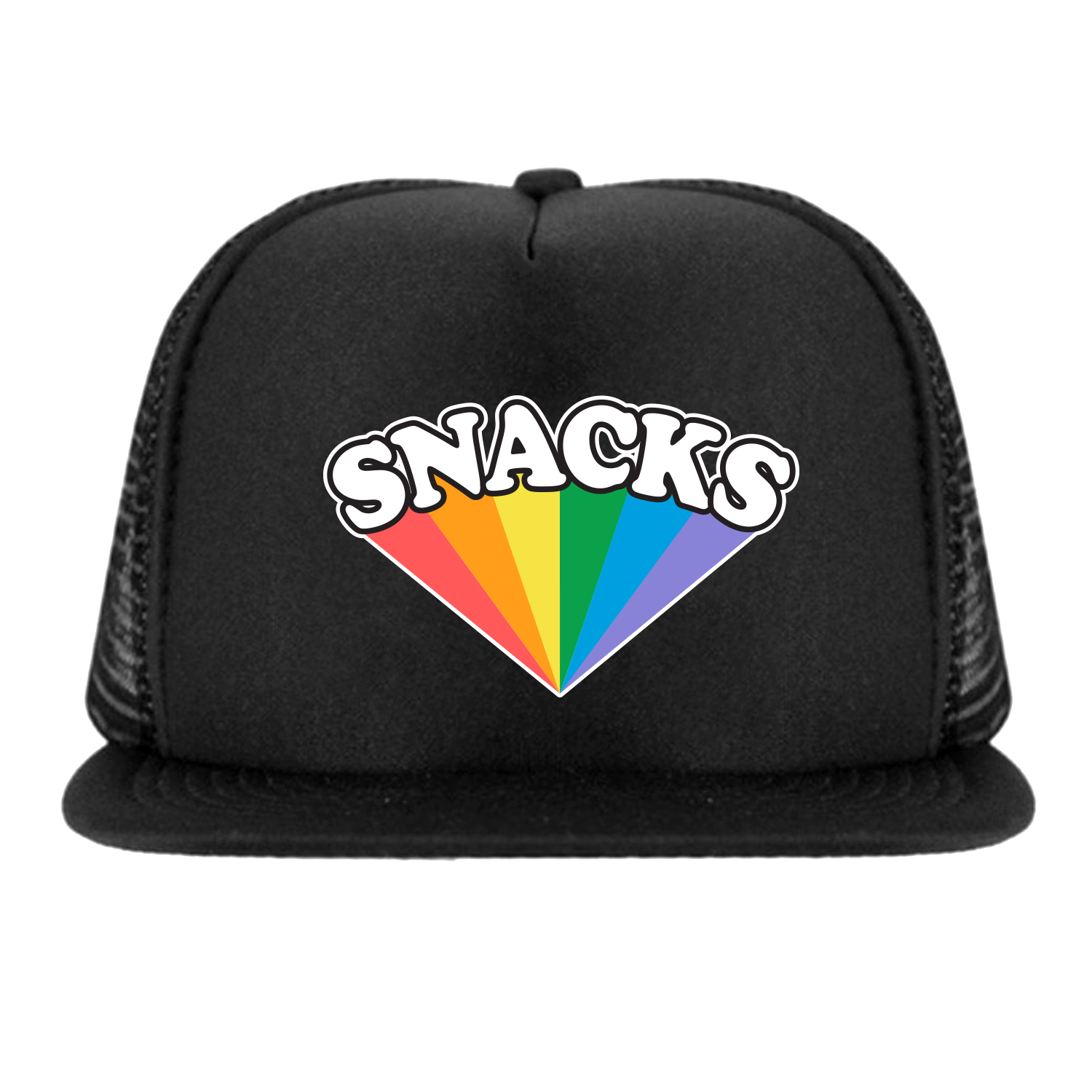SNACKS Rainbow design screen printed in full colour onto a black flat brim snap back cap. Available in two sizes. Matching kids and adult t-shirts available.