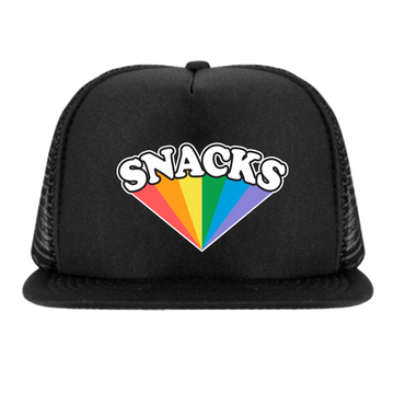 SNACKS Rainbow design screen printed in full colour onto a black flat brim snap back cap. Available in two sizes. Matching kids and adult t-shirts available.